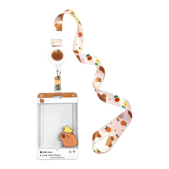 Neck Lanyard Card Sleeve Set Cartoon Card Badge Reel with Retractable Cord Holding 2 Cards for Office School Exhibition