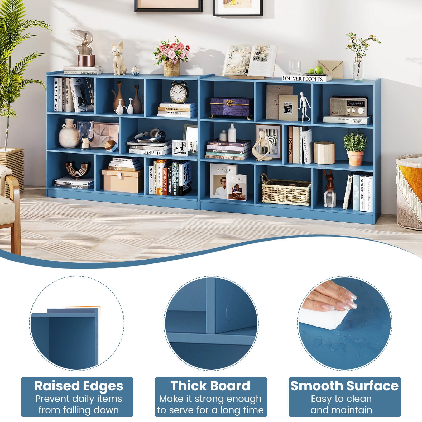 Costway 8 Cube 3-Tier Open Wooden Bookshelf Toy Storage Organizer with Anti-toppling Kits Blue