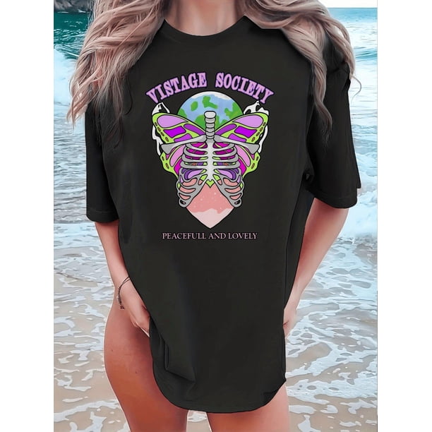 Vintage Society Peaceful and Lovely T-Shirt, 100% Cotton Crew Neck, Casual Animal Pattern, All-SeasoCamisetas para mujer, lindas camisetas con estampado gráfico, de manga corta, estilo casual, para ve
