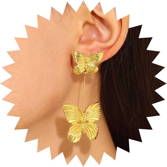 Boho Double Butterfly Earrings Gold Butterfly Drop Earrings Large Butterfly Dangle Earrings Textured Butterfly Stud Earrings Vintage Butterfly Statement Earrings Jewelry for Women