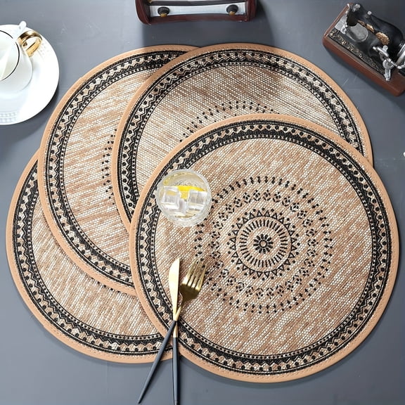 ZGAD 4pcs Set of Elegant Jute Paper Faux Leather Edge Round Placemats - Non-Slip, Heat-Resistant Dining Table Mats with Intricate Black & White Design - Ideal for Weddings, Parties & Home Decor