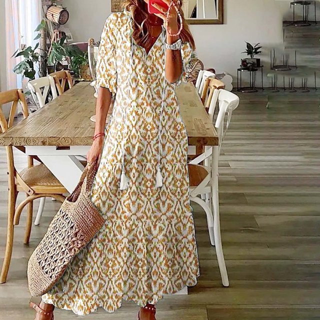 JUNWELL Robe Bohème d'Été pour Femmes, Robe Maxi Décontractée Grande Taille, Couleur Unie, Col en V, Robes Soleil, Dentelle à Franges, Longue Robe