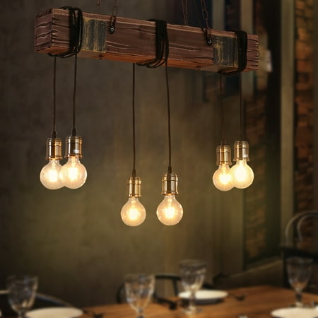 

iMeshbean Rustic Chandelier Farmhouse Wood Beam Hanging Industrial Pendant Lighting Vintage Ceiling Light Fixture 6 Heads for Dining Table Kitchen Island Bar Coffee Billiard Pool Table Easy to Install