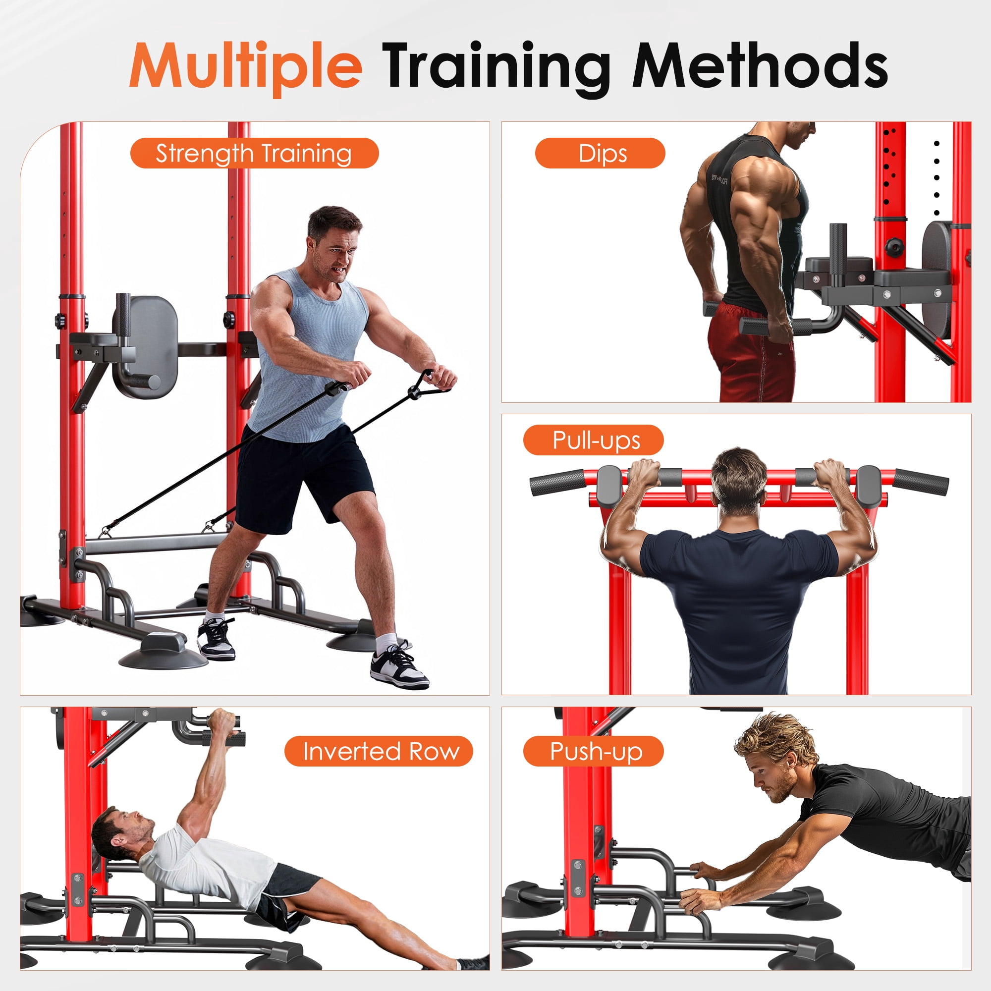 SogesPower 94.5"H Power Tower Pull Up Bar Station with Bands, 12 Adjustable Height Pull Up Bar Stand for Home Gym, Multi-Function Pull Up Dip Station Strength Training Fitness Equipment, 330LBS, Red