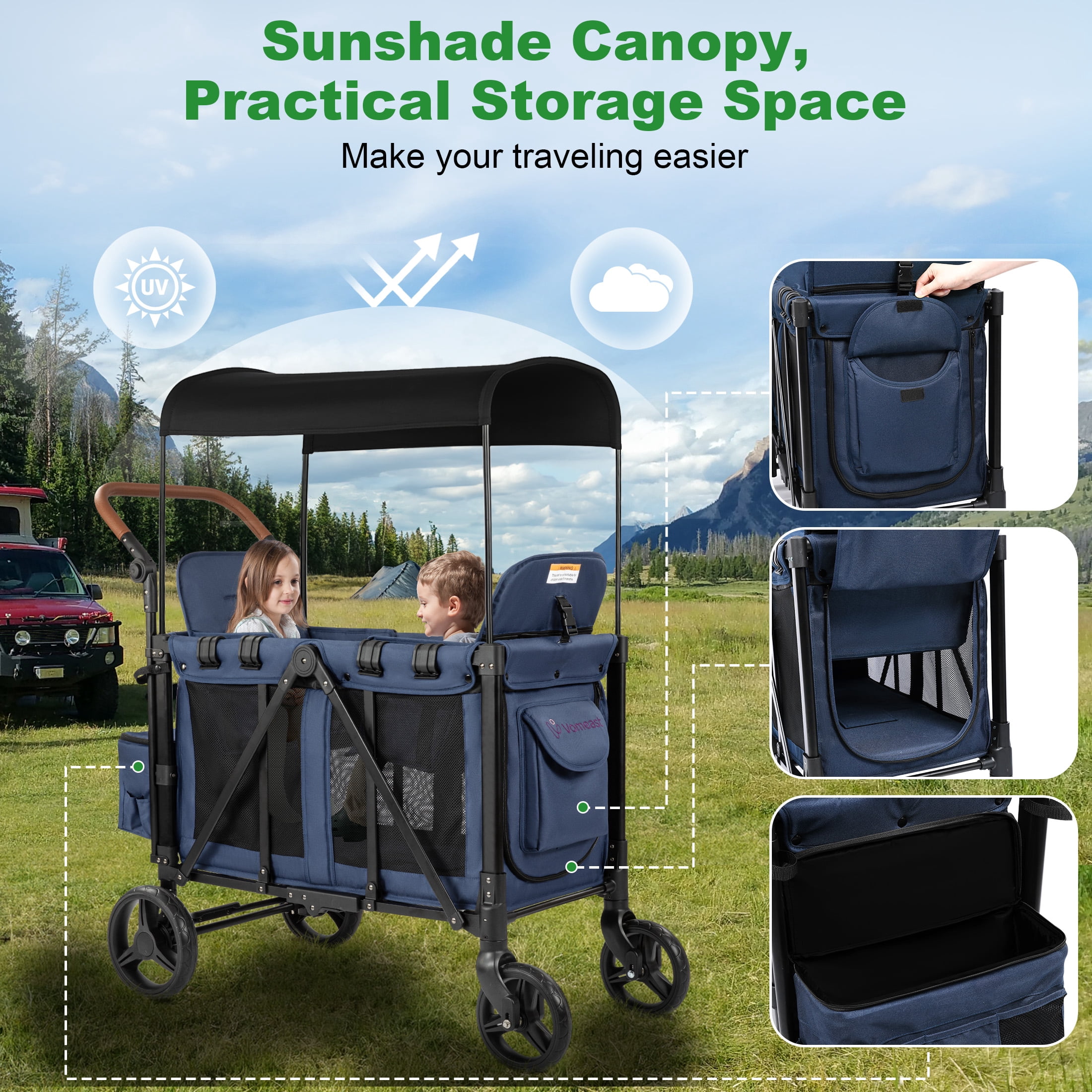 Vomeast Wagon Stroller for 2 Kids, 3-in-1 Outdoor Baby Stroller Wagon with Canopy, 5-Point Harness, Adjustable Handlebars, Removable Seat for Toddlers, Blue