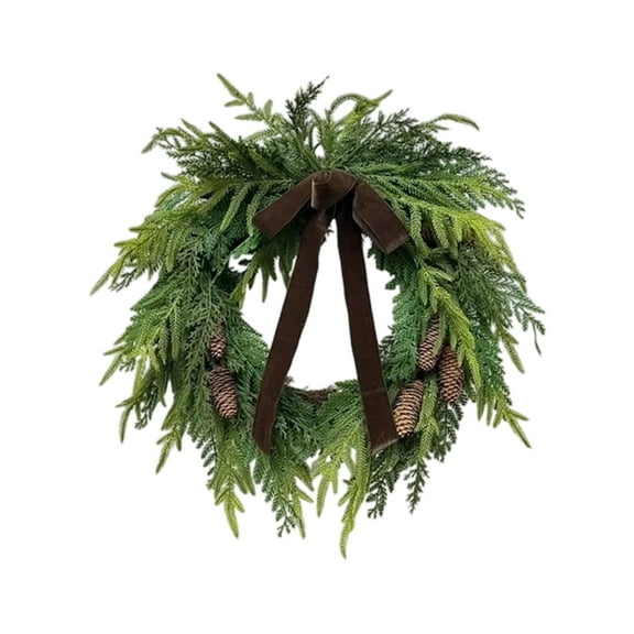 Christmas Norfolk Pine Wreaths for Front Door 16.54 Inches, Real Touch Christmas Winter Wreath with Velvet Bow for DIY Window Outdoor Outside, Holiday Farmhouse Wreath for Indoor Decoratons