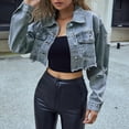 thumbnail image 2 of TTUHYWXI Women's Long Sleeves Denim Jean Jacket Regular Fit Single Crop Hem Denim Jacket (Dark Blue, L), 2 of 9