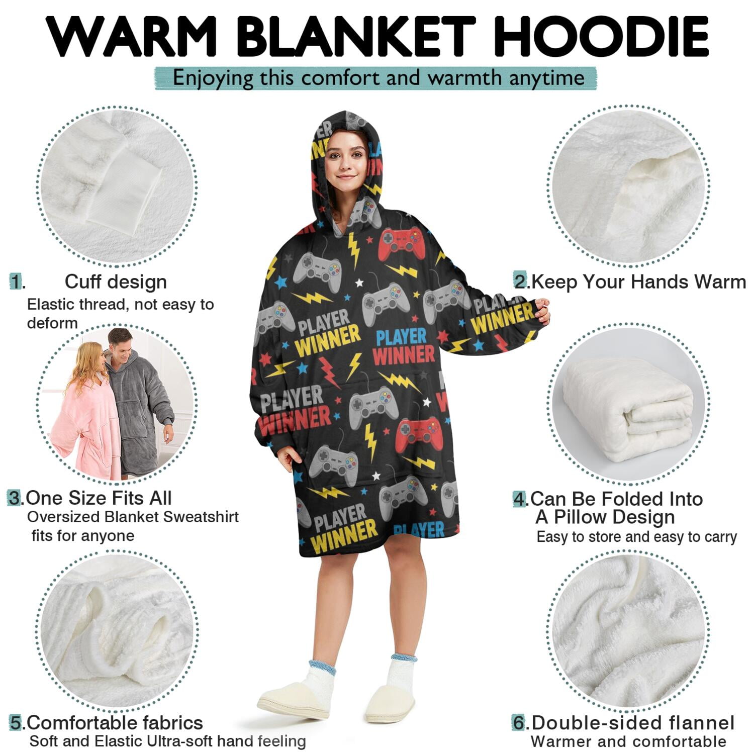 Wearable Oversized Blanket,Multicolor Controllers Games Text Black Pattern Wearable Blanket Hoodie for Adults,Cozy Hooded Blankets with Super Pockets,Super Warm Fuzzy Pullover for Women & Men