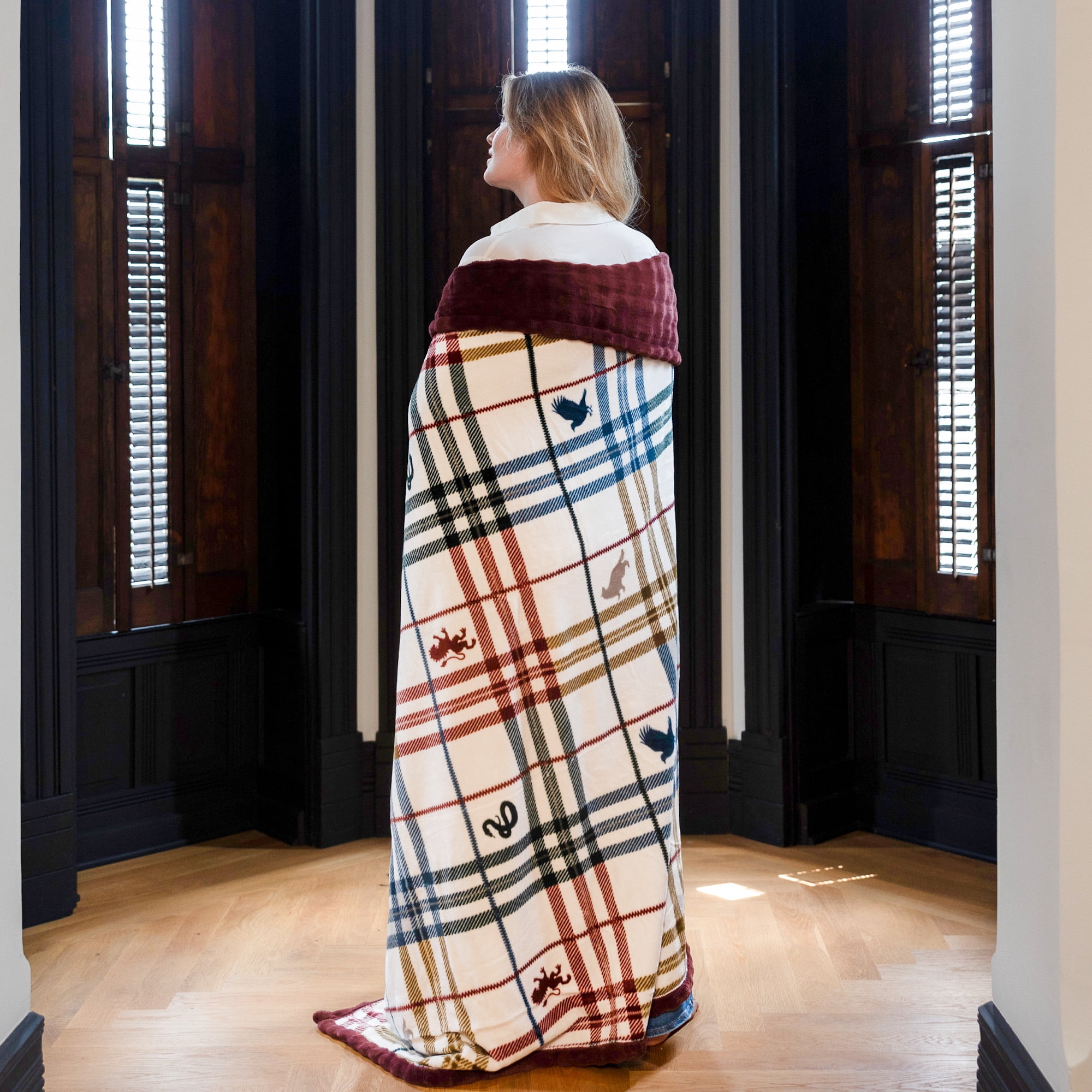 Harry Potter Academic Plaid Tartan Crest with Faux Leather Patch and Milky Mink Reverse Throw, 60x70 inches