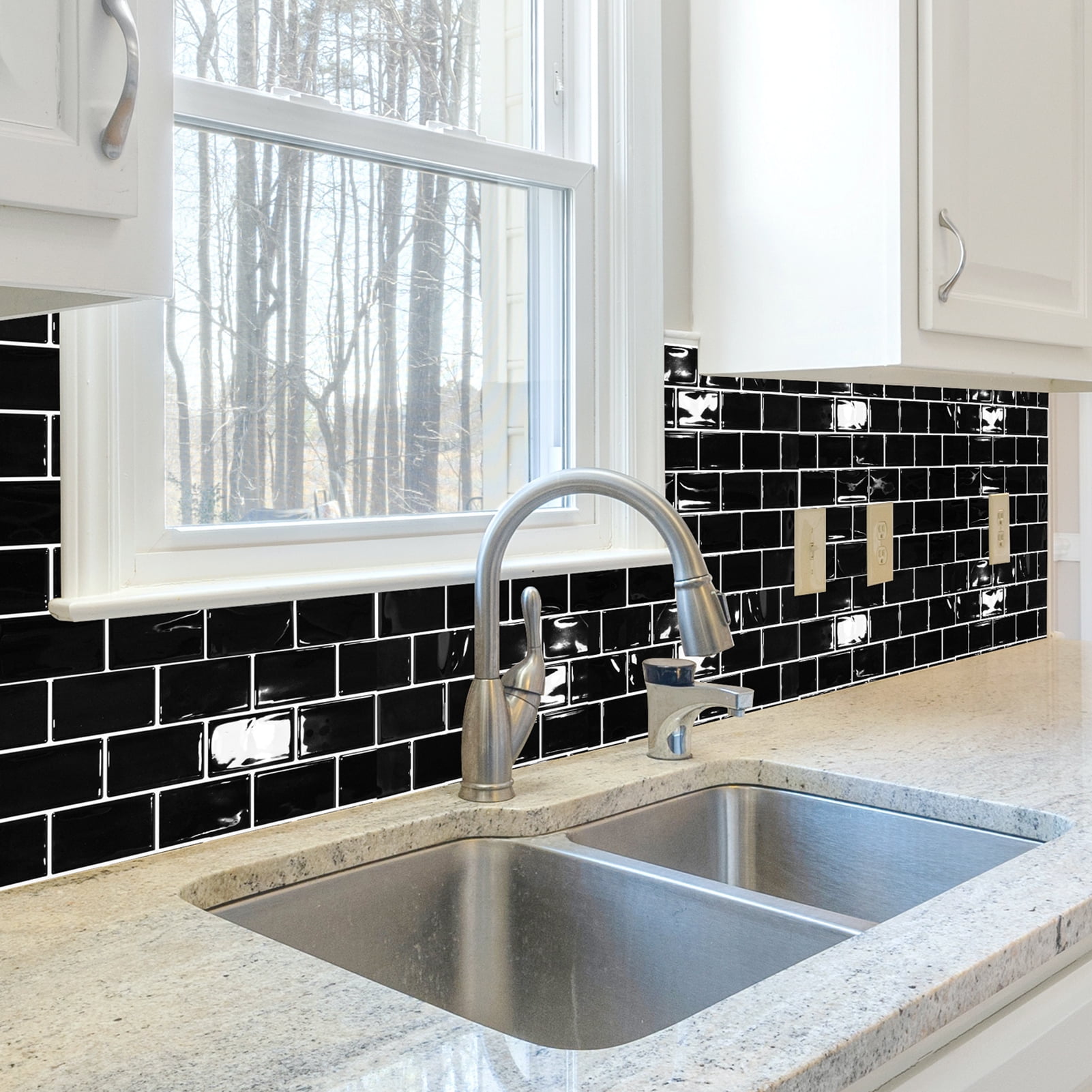 Art3d 20-Pack 12" x 6" Peel and Stick Kitchen Backsplash Tile, Vinyl Stick On Subway Tile, Black with White Grouting