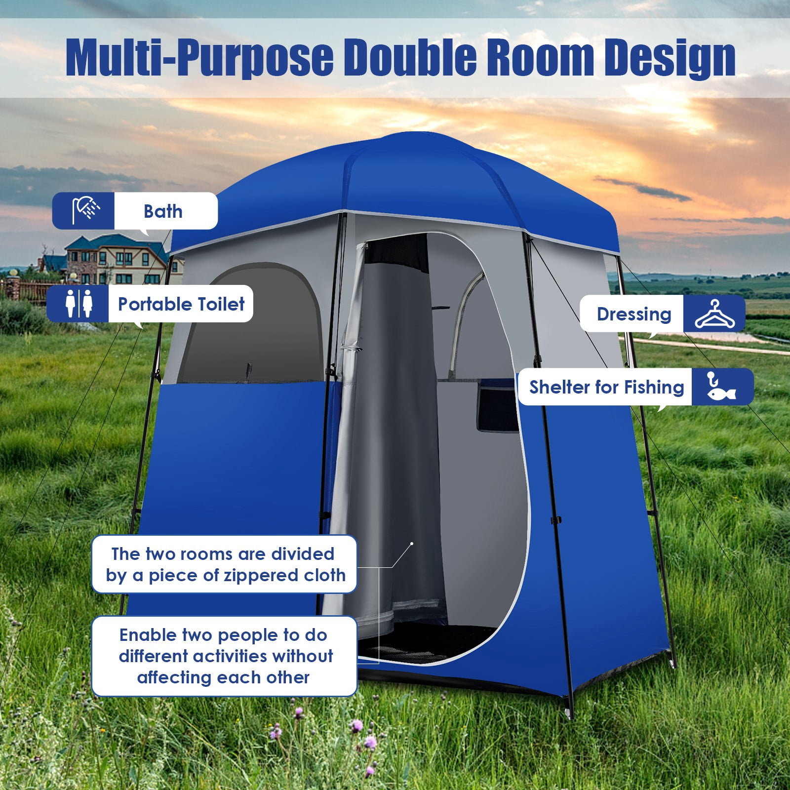 LINJH Double-Room Camping Shower Toilet Tent with Floor Oversize Portable Storage Bag
