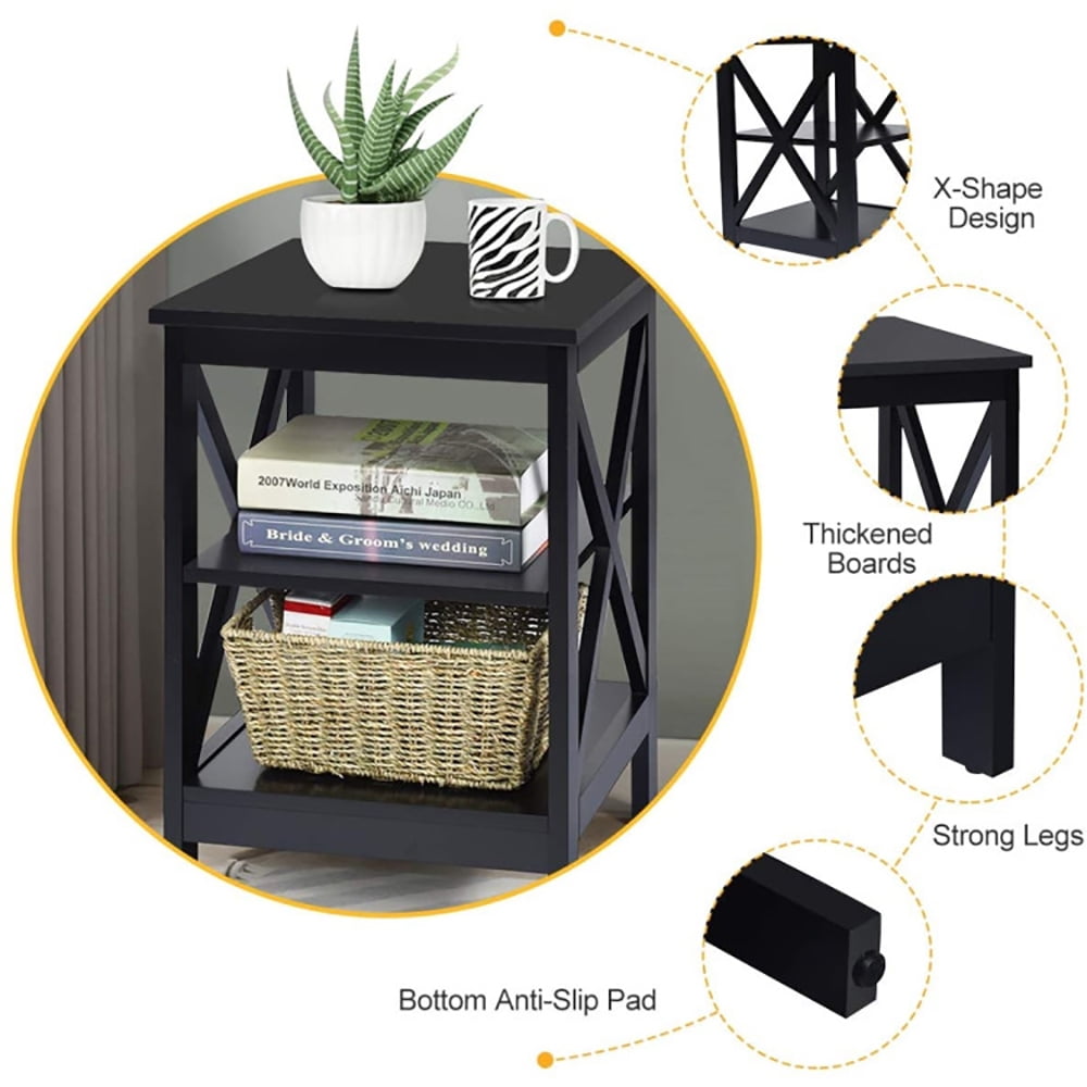 Finihen End Table, 3-Tier X-Design Nightstands with Storage Shelves, Bed Side Tables, for Living Room, Bedroom, Black Finihen End Table, 3-Tier X-Design Nightstands with Storage Shelves, Bed Side Tables, for Living Room, Bedroom, Black