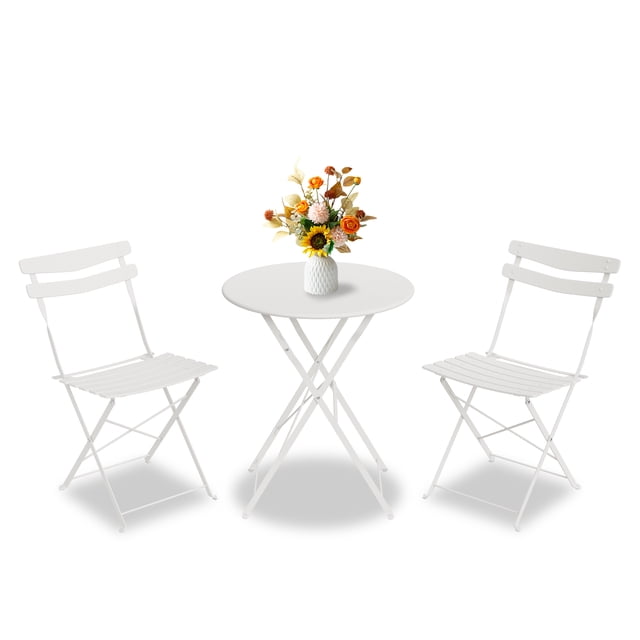 Gaderth Ensemble Bistro Pliant de Patio 3 Pcs, Table Bistro Extérieure en Métal et Chaises avec Table Ronde, Mobilier de Patio Compact pour Balcon, Véranda, Terrasse, Jardin, Appartement et Petits Espaces