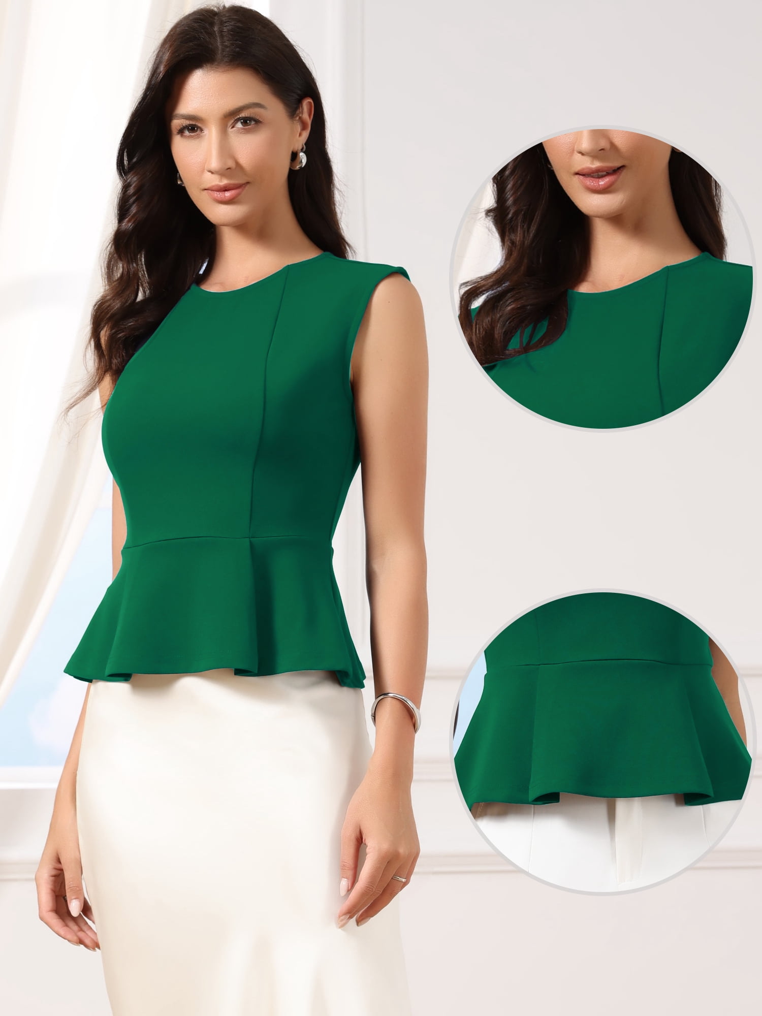 DARING DIVA Women's Peplum Crew Neck Sleeveless Babydoll Vest Blouses XL Dark Green