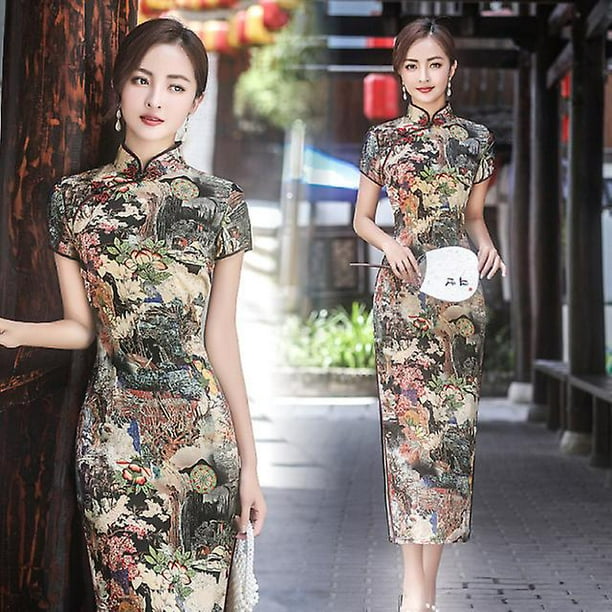 2021 Summer Women's Wear Chinese Style Qipao Long Short Sleeve Satin  Fashionable Daily Commuting High-end Elegant Dress 2020