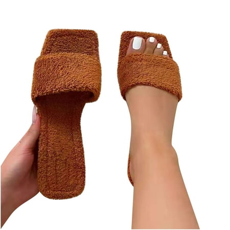 

Bnwani Sandals Shoes for Women Plush Slipper Solid Flat With Home Slipper Shoes Indoor Flip Flop Brown 9