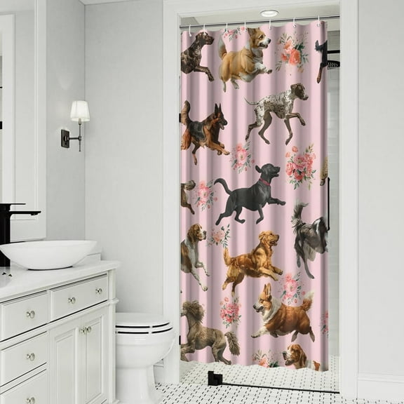 Dogs with Flowers Shower Curtain 36"x72" ,Bathroom Decorative Shower Curtains Set with 12 Hooks,Modern Waterproof Washable Shower Curtain