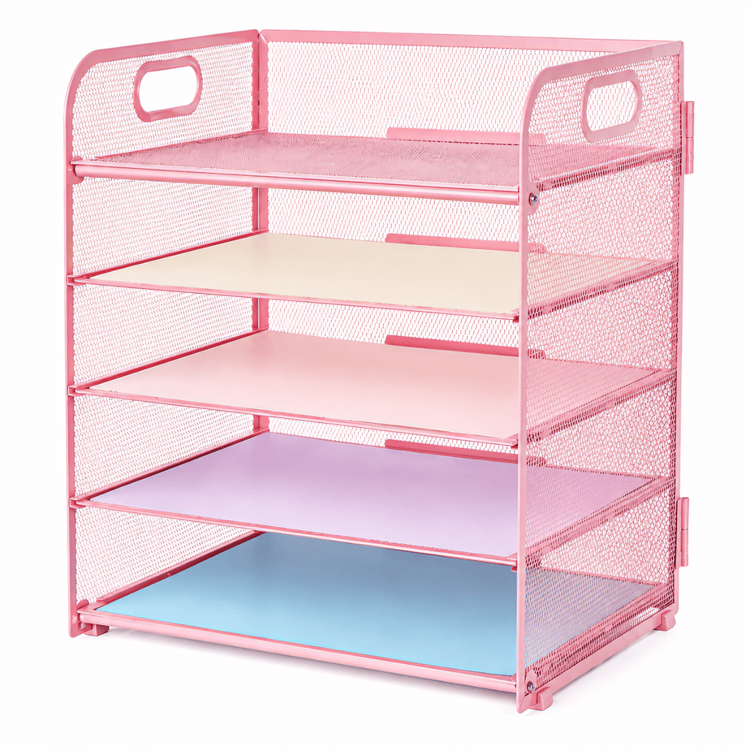 Pink 5 Tier Metal Desk Organizer File Organizer and Paper Organizer Rack for Office Storage Desk Storage and Home Office Organization