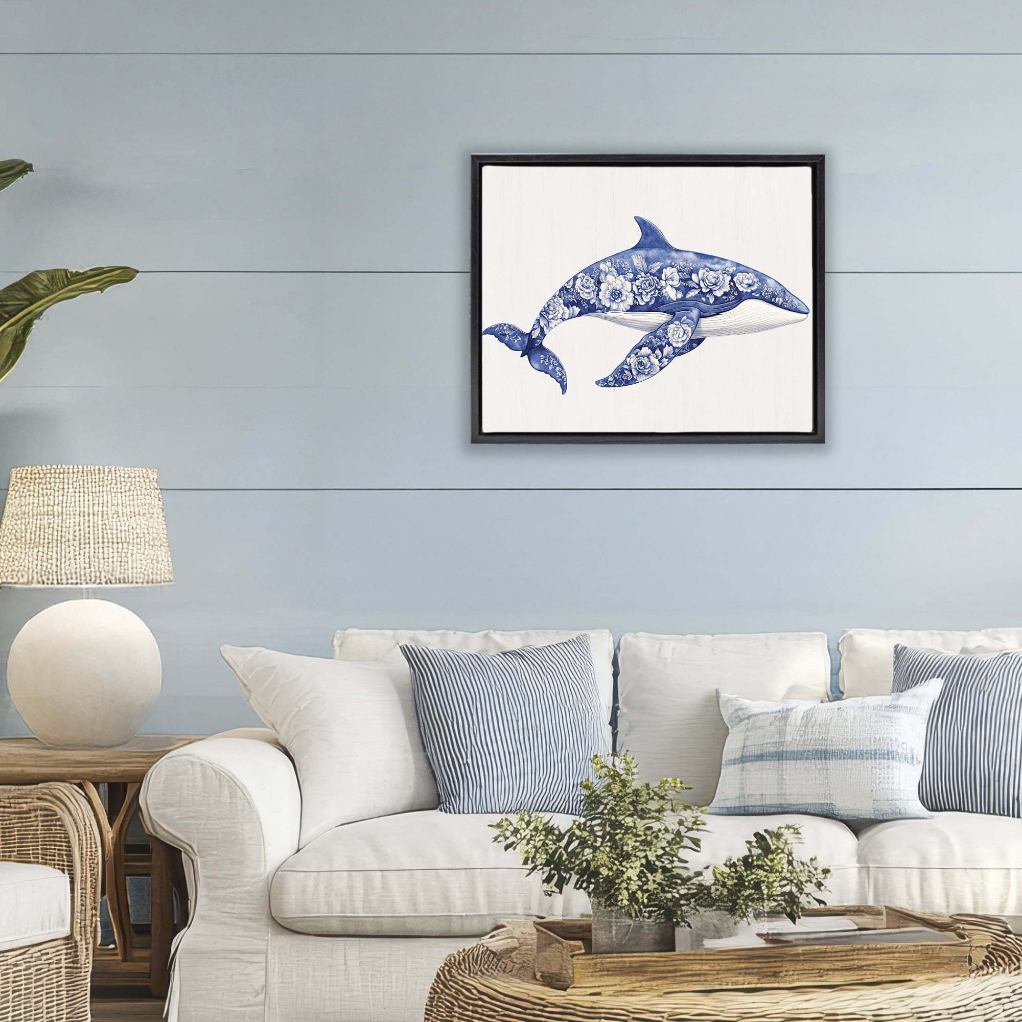 Floral Toile Whale Black Framed Floater Canvas Wall Art, design by Lettered and Lined