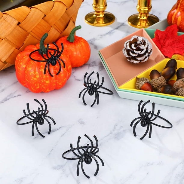 Juego de Anillos para Servilletas de Halloween Servilleta de Halloween con Forma de Araña Broche para Servilleta de Aleación de Metal Terror Negro Araña Negra