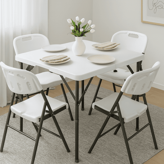 Fenbeli 5 Piece Folding Table and Chairs, Portable Event Card Table with Chairs Set of 4 for Indoor/Outdoor, Picnic, Game Room White