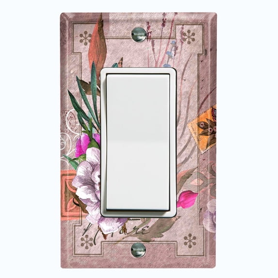 Metal Light Switch Plate Cover Floral Nature Postcard Newspaper Damask Purple FLW096