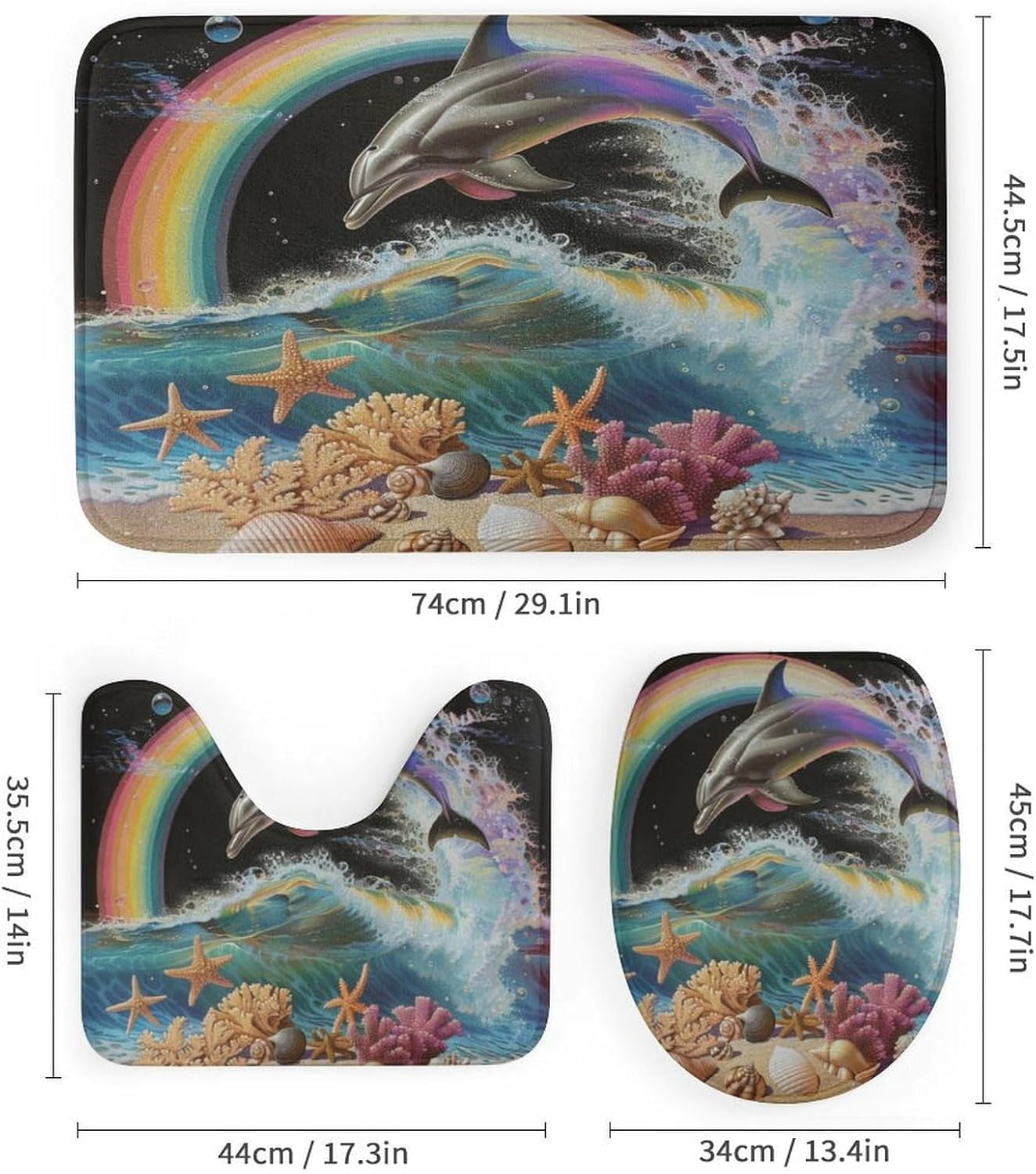 4Pcs Colorful Ocean Dolphin Shower Curtain Sets, Bathroom Decor Set with Rugs, Bath Mat Sea Shell Rainbow Shower Curtain, 72 X 72 Inch