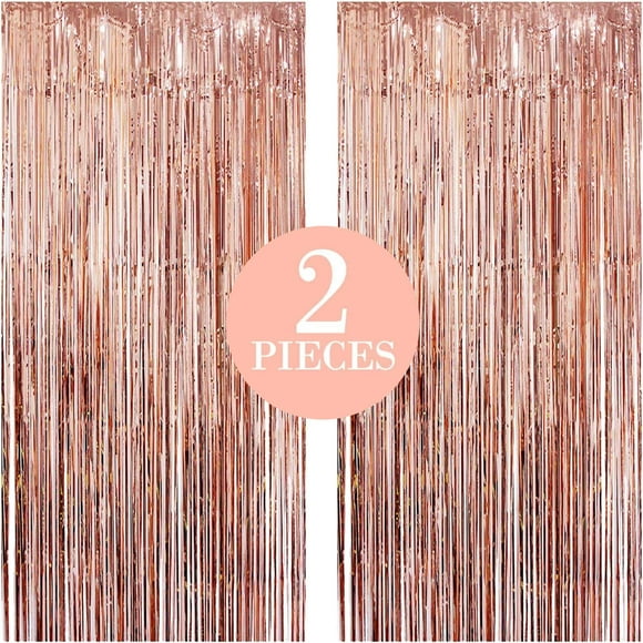Large, Rose Gold Fringe Curtain - 3.2 x 10 Feet | Pack of 2, Rose Gold Backdrop Curtain | Rose Gold Streamers Party Decorations | Rose Gold Metallic Tinsel Foil Fringe Curtains for Birthday Party