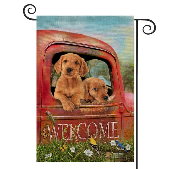DMERBYL Home Decorative Welcome Spring Dog Golden Retriever Garden Flag, Summer Red Truck Yard Puppy Outside Decoration, Outdoor Small Burlap Decor Double Sided 12x18