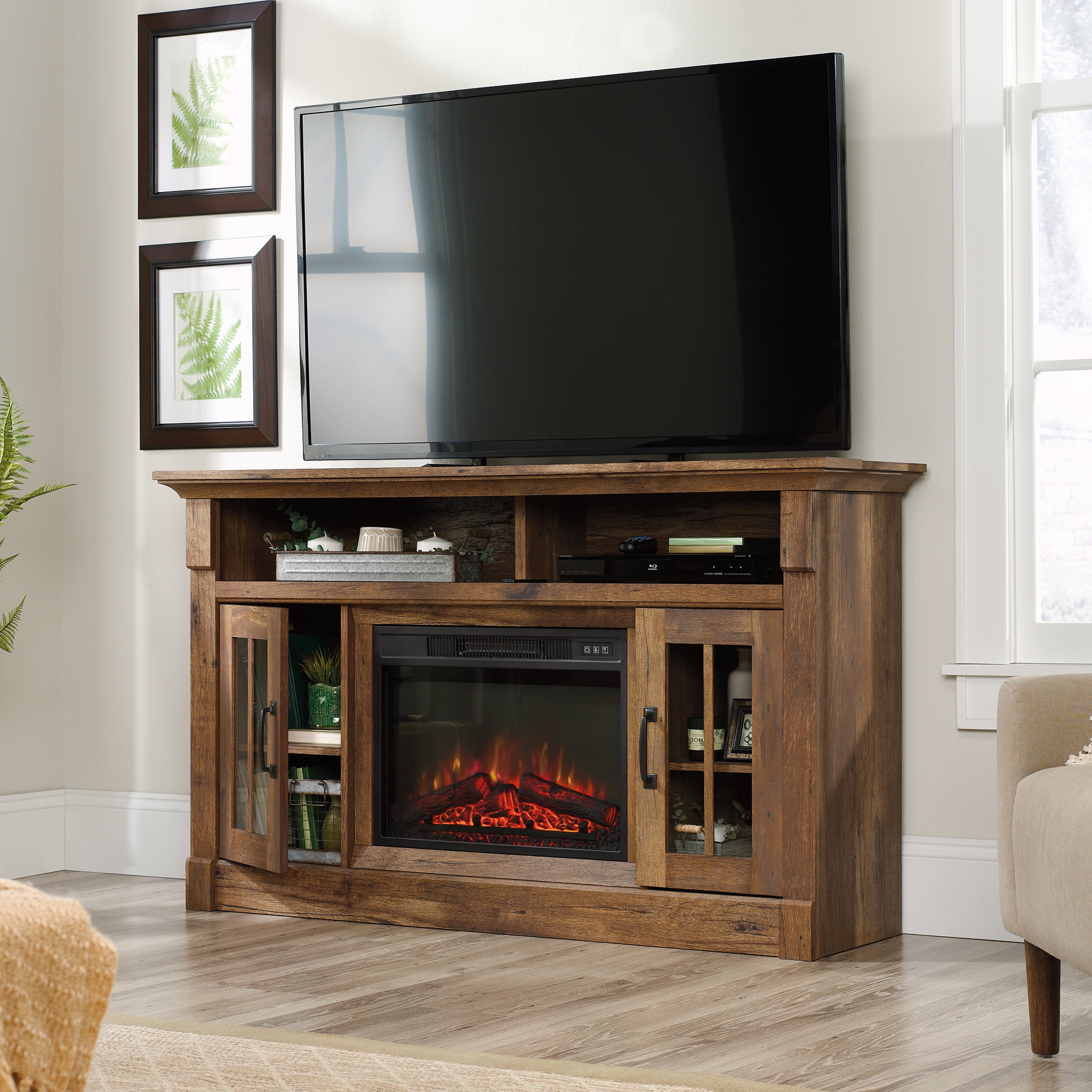 Sauder Rustic Fireplace TV Stand for TVs up to 50", Vintage Oak Finish