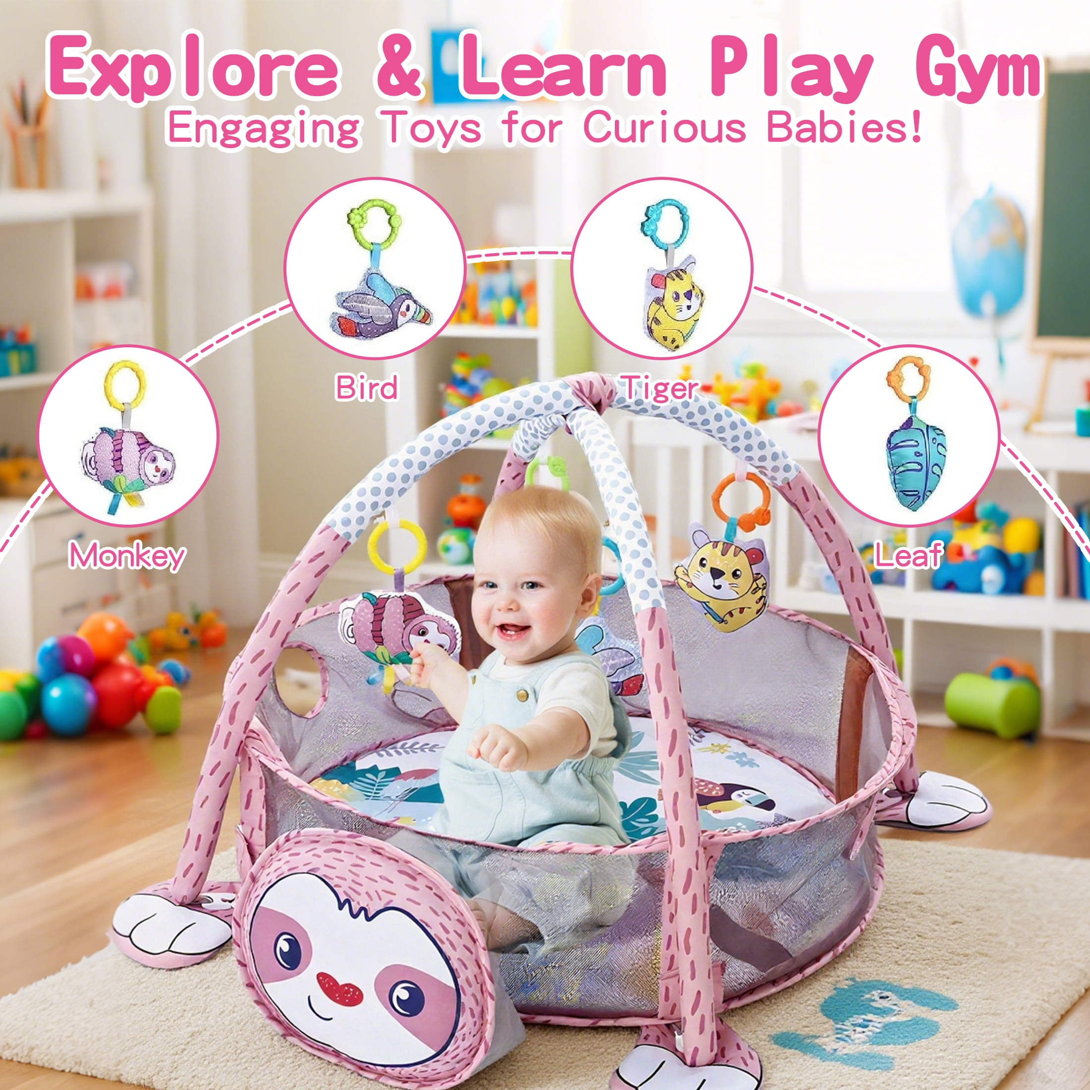 KOPPOP Baby Play Gym 3-in-1 Activity Mat with Hanging Toys, Ocean Balls & Koala Storage Bag for Newborns