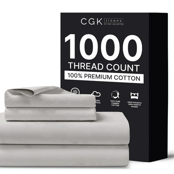 CGK Linens 4-Piece Luxury 1000 Thread Count Cotton Sheet Set - Queen Size 100% Cotton Sateen Bed Sheets, Softer Than Egyptian Cotton, Light Grey