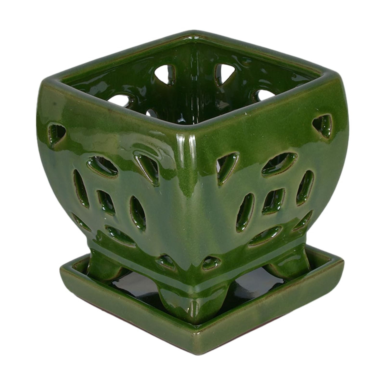 W&W Orchid Pot with Holes and Saucer for Orchid Repotting and Better Grow, SeaGreen, 5.5 inches