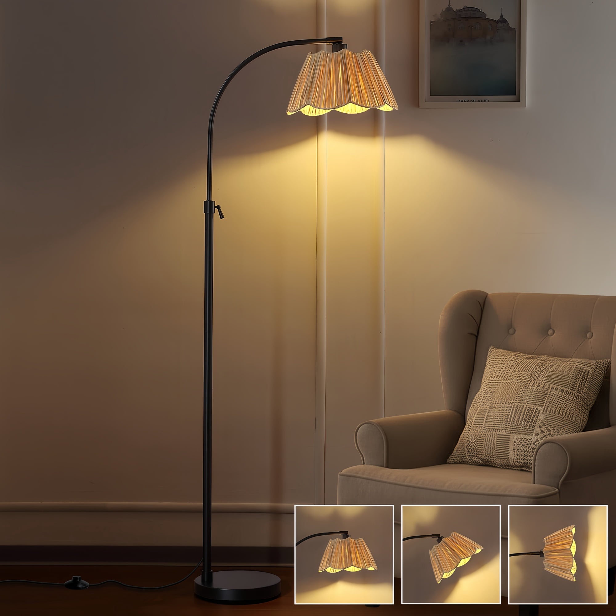 RORIA Adjustable Arc Floor Lamp with Paper-Woven Shade, Black Metal Standing Lamp with Foot Switch, 54-64” Height Adjustable, for Living Room Bedroom Office.