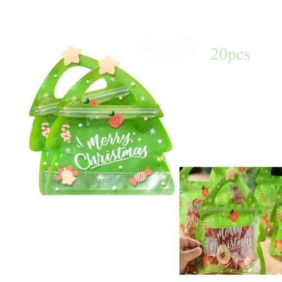 20pcs Christmas Goodie Bag Snack Ziplock Clear Tree Shaped Candy Bags with Handle(7.28×2.56×8.27in)