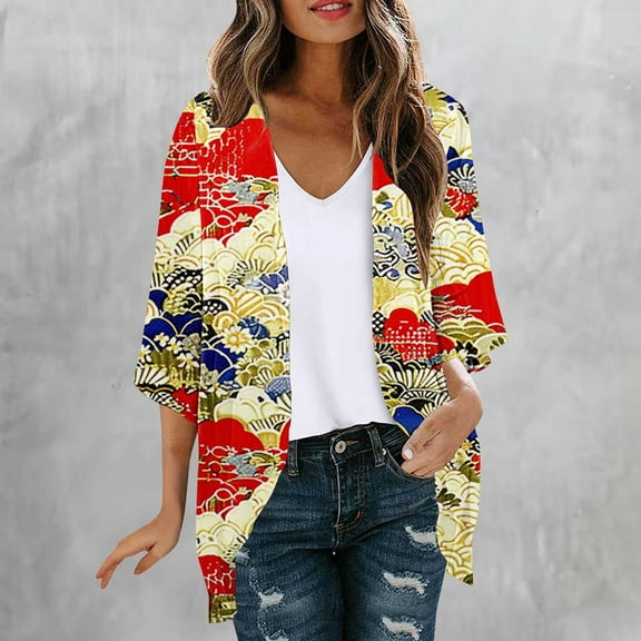 BEFOKA Women's Floral Print Sheer Chiffon 3/4 Sleeve Casual Loose Kimonoes Cardigan Capes Casual Blouses Loose Fits Resort Wear Beach Cover Ups