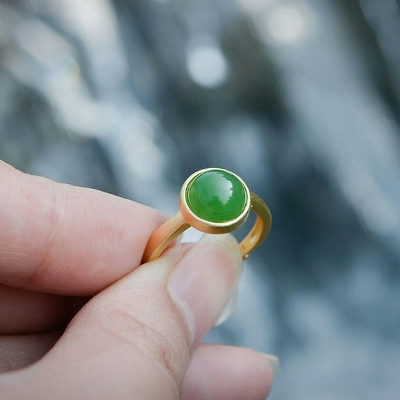 K-KED Jade Rings Delicate Jewelry Vintage Natural Women Adjustable Ring Amulet 925 Silver-Green