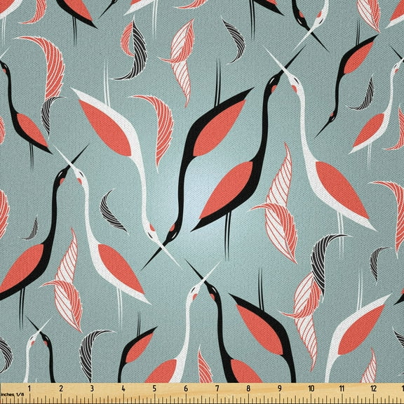 Ambesonne Heron Fabric by the Yard Microfiber, Abstract Birds and Leaves, 5 Yards, Pale Teal Coral