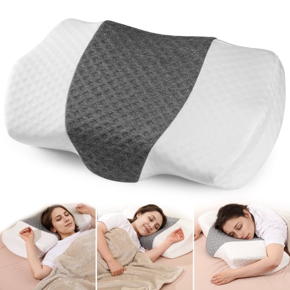 Cervical Memory Foam Pillow with Bamboo Charcoal Fiber Pillowcase, Contour Neck Pilow for Side Back Sleepers(Standard 25x15x5 in, White-gray)