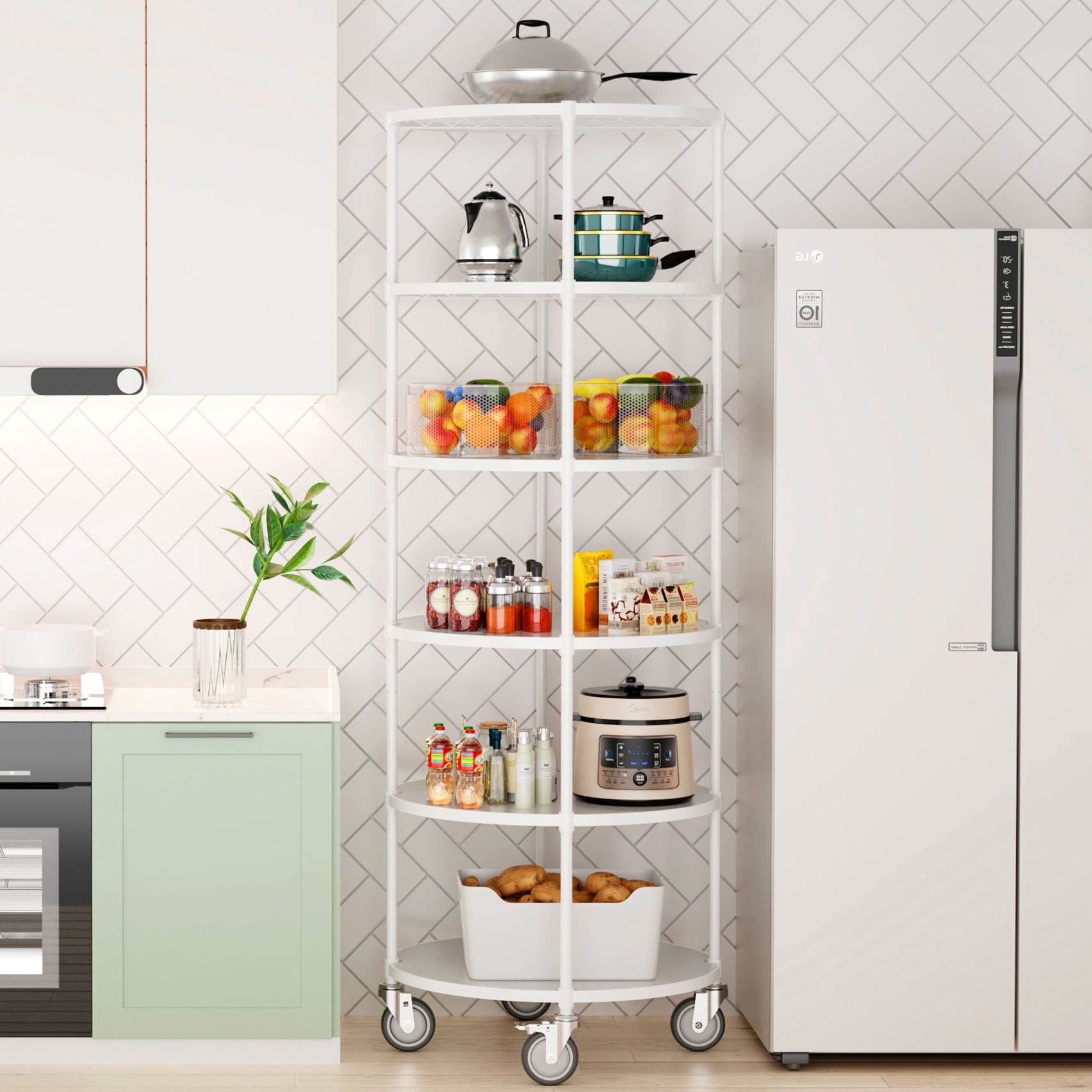Miniyam 6-Tier Round Wire Shelving Unit with Wheels, Heavy-Duty Adjustable Storage Rack with Leveling feet, White