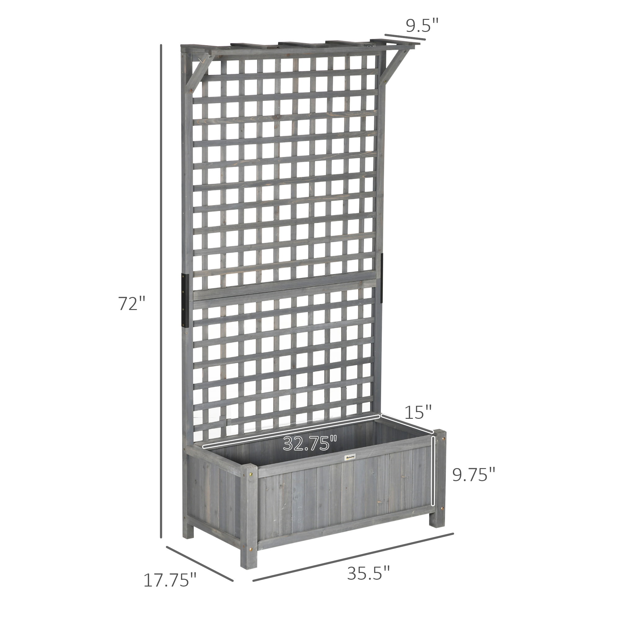 Outsunny Wood Planter with Trellis, Raised Garden Bed for Climbing Plants with Drainage Holes and Roof, 35.5" x 17.75" x 72", Gray