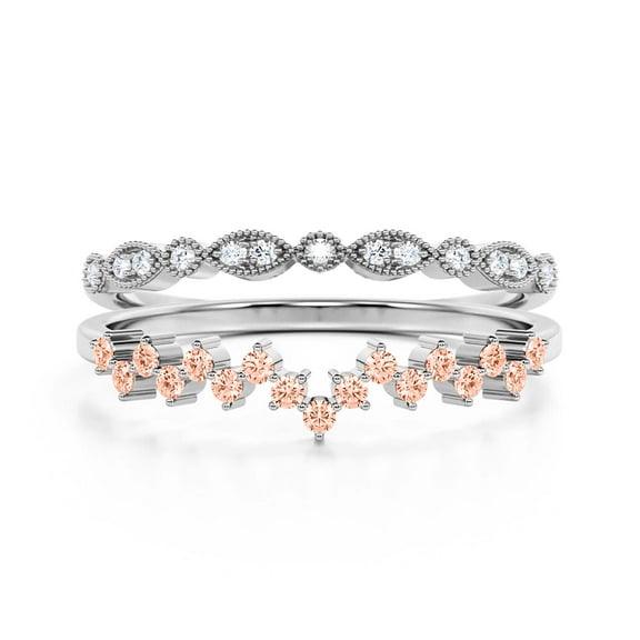 ZigZag Design 0.65 Carat Morganite And Diamond Moissanite Engagement Ring Wedding Band in 925 Sterling Silver With 18k White Gold Plating, Stackable Ring, Promise Ring, Bridal Set, Matching Band