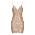 thumbnail image 6 of LYEAA Sparkly Dresses for Women Party Sleeveless V Neck Sequin Mini Dress Faux Wrap Elegant Dress Bodycon Plain Evening Gown Cocktail Dress Slip Dress Holiday Club Dress Stretchy Ruched Dress Gold S, 6 of 8