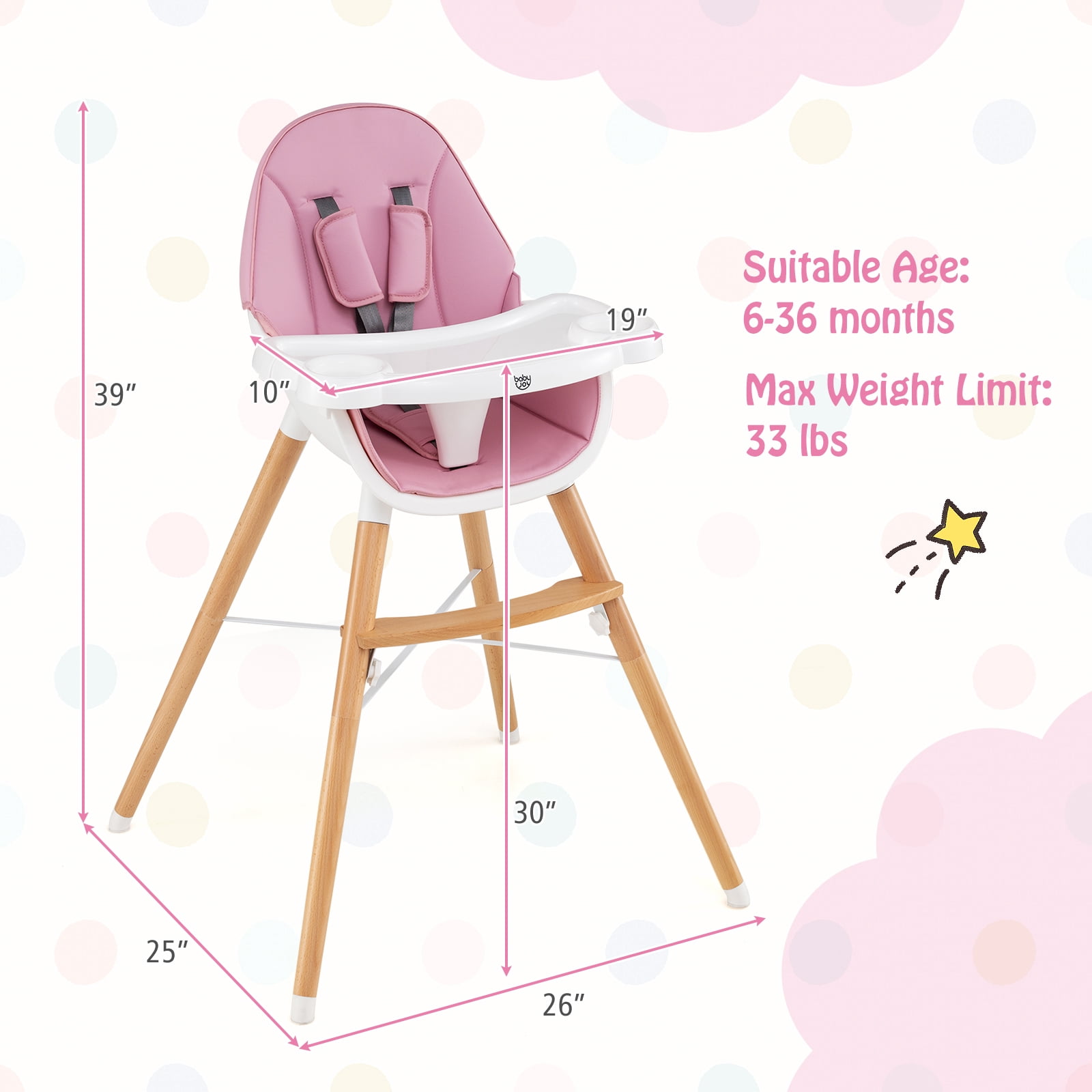 Costway Baby High Chair Wooden Feeding Chair with 4-Gear Tray & Removable Cushion Pink