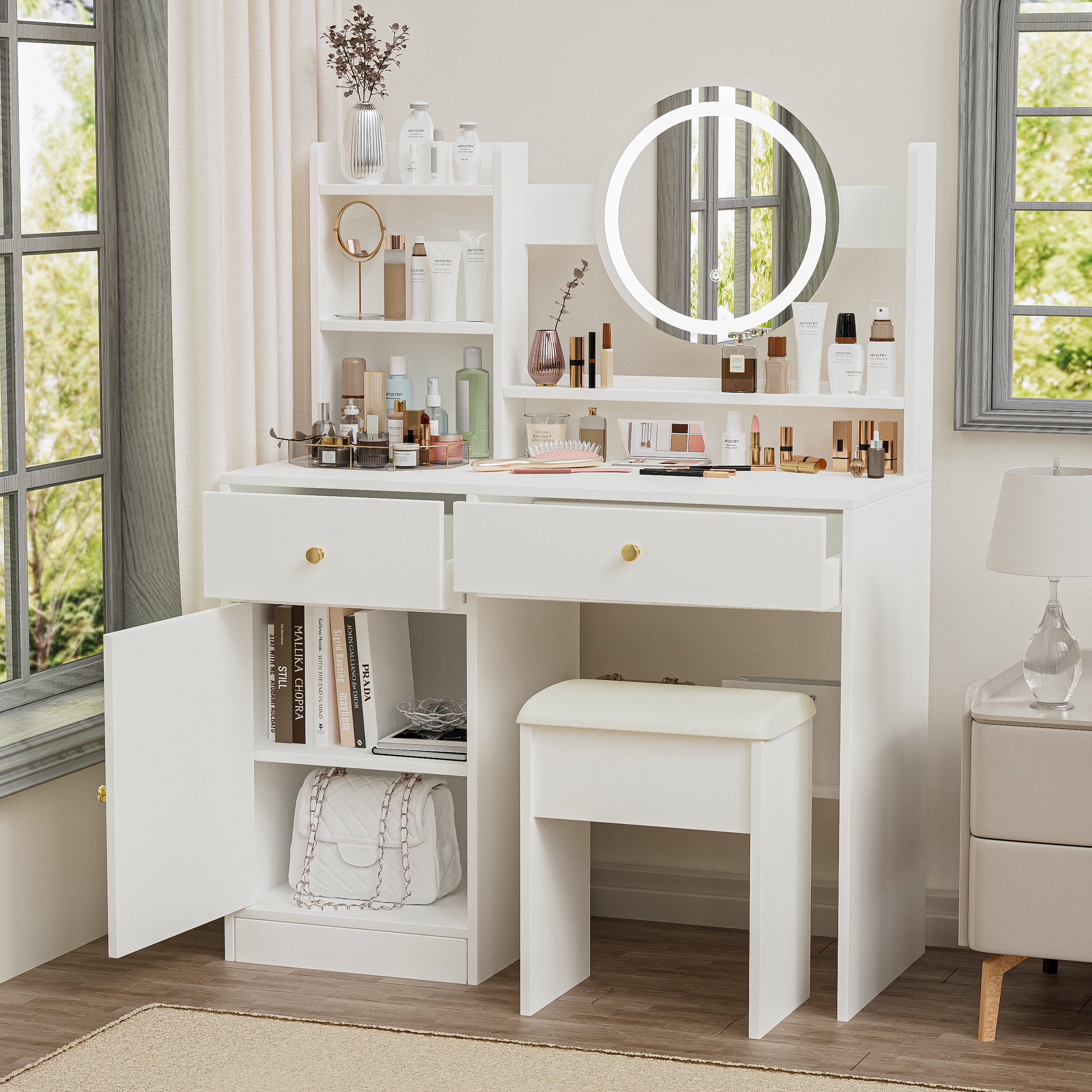 Euroco Modern Vanity Table with Lighted Mirror, 3 Color LED Touch Lighting, Storage Shelves & Drawers – Makeup Desk with Stool, Gift Idea for Women and Girls