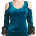 thumbnail image 5 of Mia Top - Women's Velvet 3/4 sleeve top with cut-out shoulders & contrast faux fur cuffs, 5 of 6