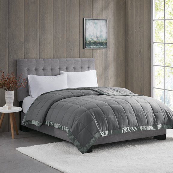 Lightweight Down Alternative Blanket Twin Size 68X90" - Charcoal Polyester with Satin Trim, Hypoallergenic & Oeko-Tex Certified