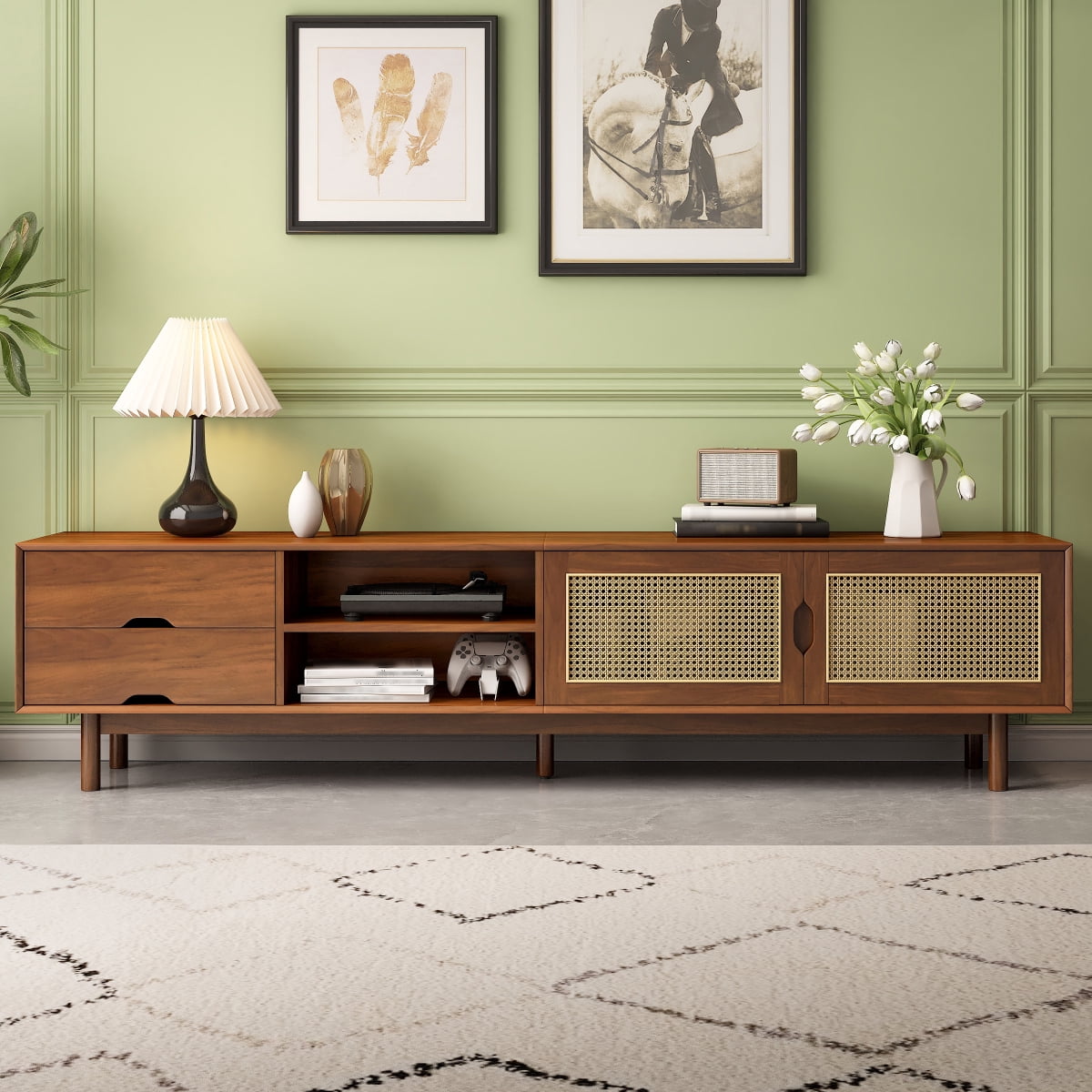 Walnut 78 Inch TV Stand for TVs up to 85 Inch Rattan Front Panels 2 Drawers Solid Wood Legs Media Console