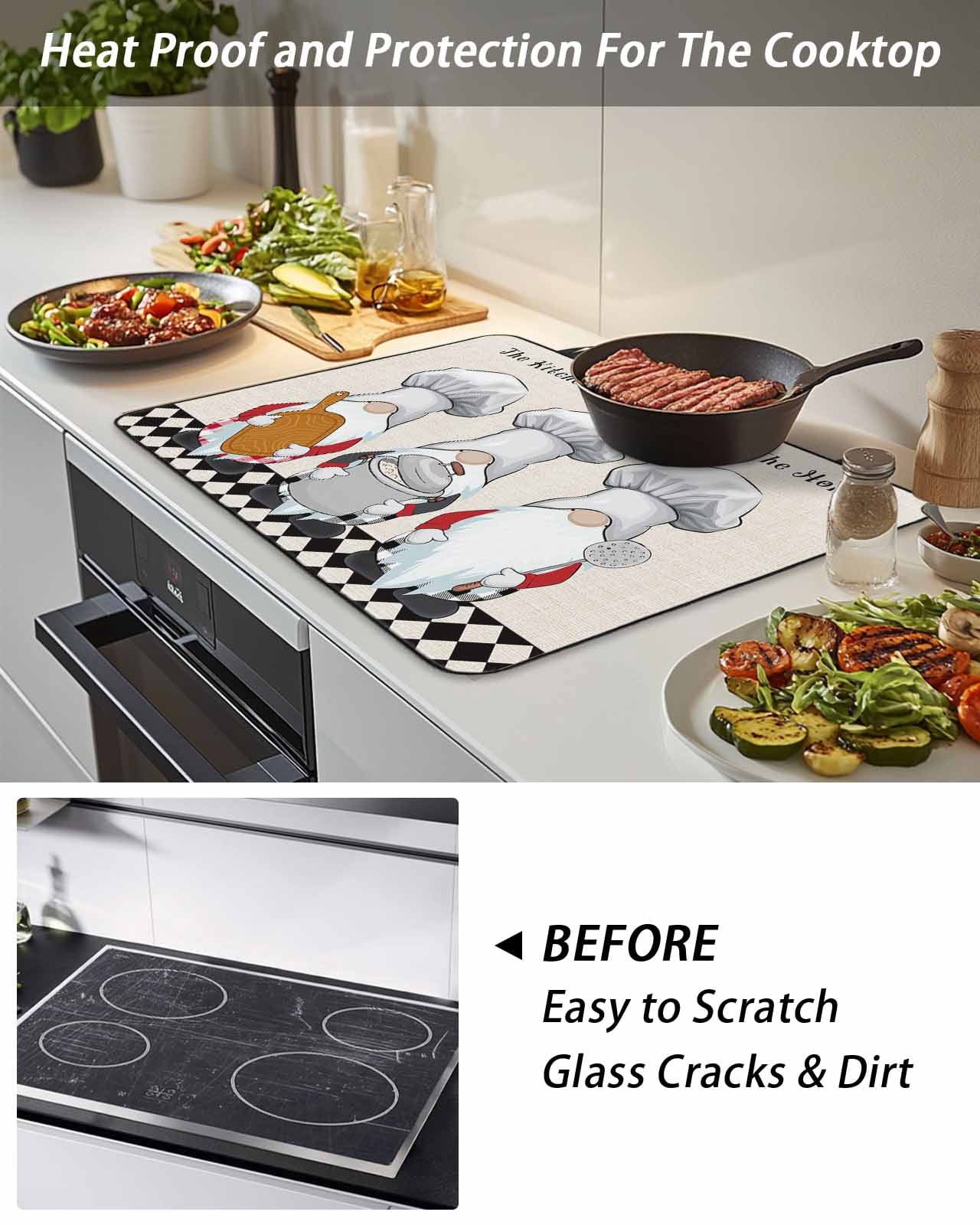 The Chef Stove Top Covers for Electric Stove, 28'x20'' Gnome Kitchen Linen Black Buffalo Plaid Glass Ceramic Stove Cover Foldable Rubber Mat Heat Resistant Cooktop Protector for Kitchen