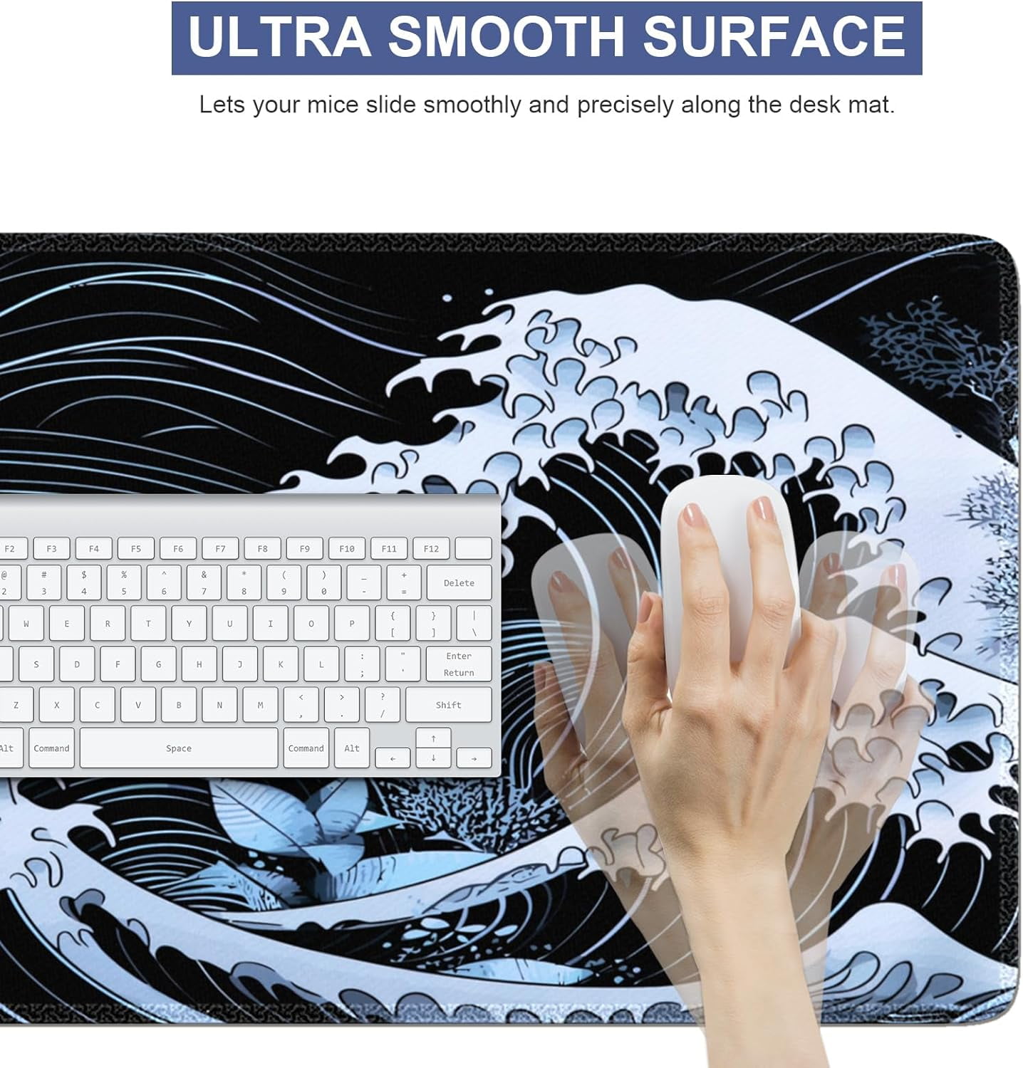 Japanese Sea Wave Large Mouse Pad, Gaming Mouse Pad, Extended Kanagawa Desk Pad, 35.4x15.75in XXL Mouse Pad with Non-Slip Rubber Base, Anime Mice Pad Desk Mat, Ghostly Black